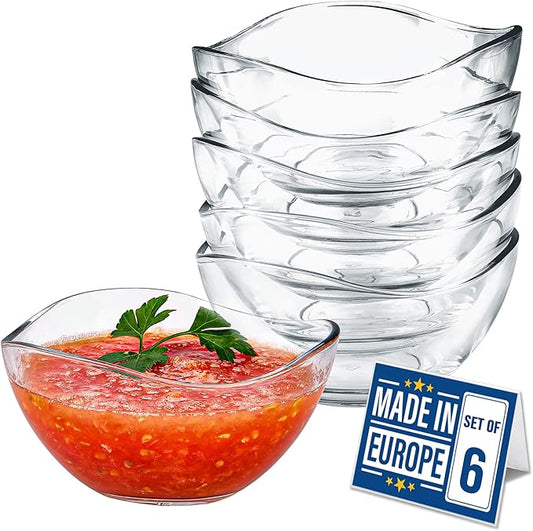 Volarium CRYSTALIA Small Glass Bowls for Kitchen Prep, Modern Round Serving Dishes for Dessert, Salad, Fruit, Pudding, Candy, Cereal, Ice Cream, Stackable Bowls Set of 6 (Large 10 1/2 oz)