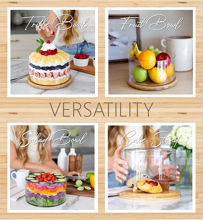 25DOL XXL 125 Ounces Airtight Lid Clear Glass Salad Bowl Dish【Hand Blown】 Dual Function Bamboo Lid - Extra Large Mixing Bowl for Salads, Dessert, Fruit, Punch - Centerpiece Large Serving Bowls