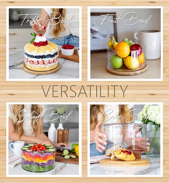 25DOL XXL 125 Ounces Clear Glass Salad Bowl Dish【Hand Blown】 Dual Function Bamboo Lid - Extra Large Mixing Bowl for Salads, Dessert, Fruit, Punch - Centerpiece Large Serving Bowls for Entertaining