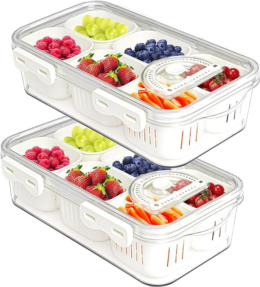 MineSign 2Pack Divided Food Serving Tray with Lids Stackable Snackle Box for Candy Nuts Spice Fruit&Veggie Container with 6 Small Dividers Plastic Storage Bins for Fridge Pantry Freezer