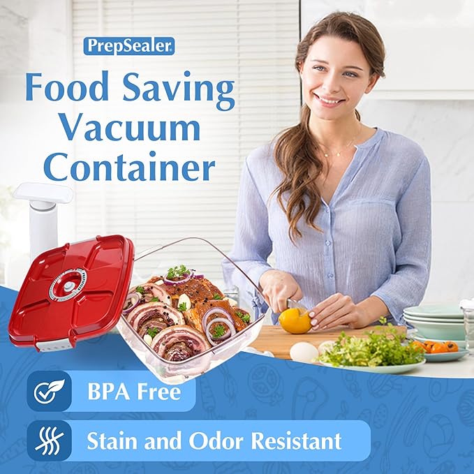 Marinating Vacuum System Container-Makes Food Tastier, Juicier, Healthier and More Tender (2 Liter, Square Shape, Tritan Material, Red Color, Manual Hand Pump Included)