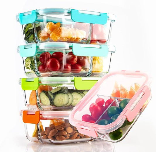 Glass Meal Prep Containers 3 Compartment with Lids (5 Pack, 36oz), Divided Glass Storage Containers for Lunch at Work, Leak-Proof Portion Control Food Containers, Microwave / Dishwasher Safe