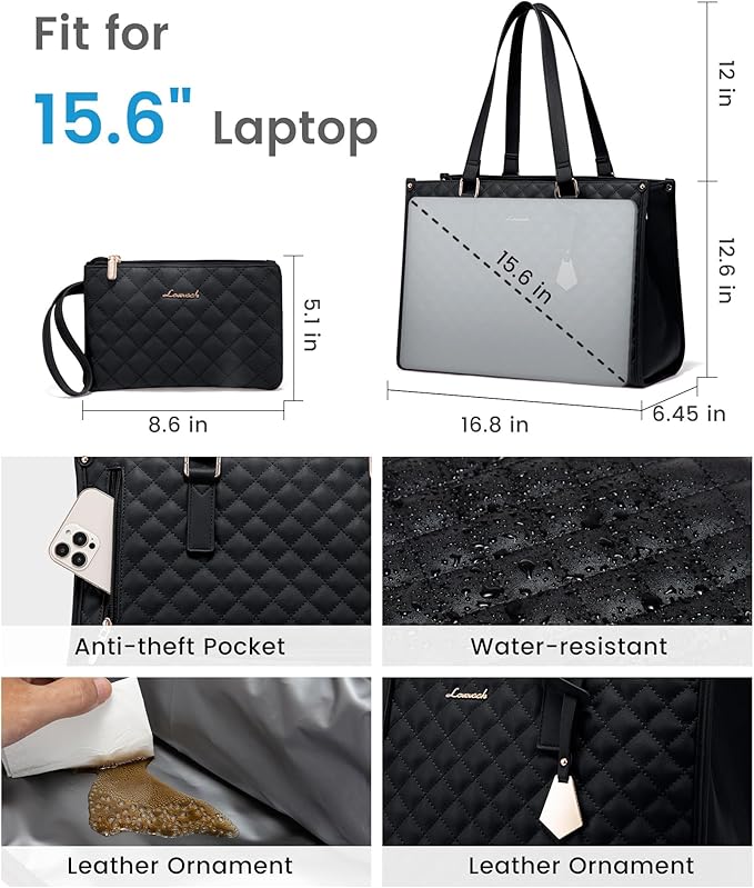 LOVEVOOK Lunch Tote Bag for Women, 15.6 Inch Laptop Bag with Insulated Lunch Compartment, Quilted Large Capacity Computer Handbag with Purse for Business, Work, Nurse, Office, Collage, Casual, Black