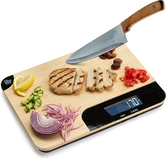 Sharper Image® Bamboo Wood Cutting Board & Food Scale – 33 lb Capacity, LCD Displays Grams & Oz| Kitchen Gadget Essential| Nutrition, Portion Control, Meal Prep, Baking, Dieting, Keto, Weight Loss