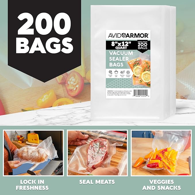 Avid Armor Vacuum Sealer Bags 200 Quart 8x12" For Food Saver, Commercial Grade, BPA Free, Heavy Duty, Pre-cut, for Vac Storage, Meal Prep, Sous Vide, or Dehydrated Freeze Dried Foods