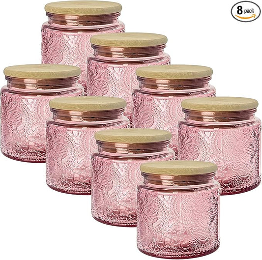 12 oz Decorative Glass Storage Jars with Airtight Bamboo Lids - 8 Pack Pink - Sunflower Embossed Spice, Candle & Home Organizer Set