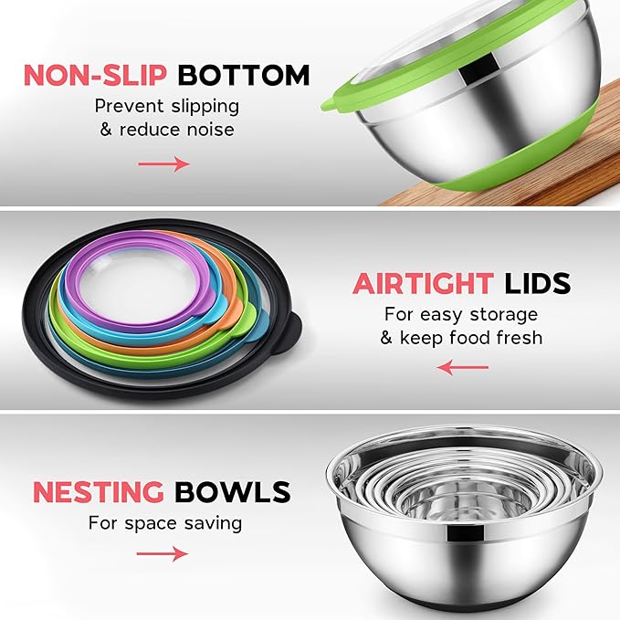Colorful Mixing Bowl Set of 6 for Kitchen Large Stainless Steel Metal Nesting Mixing Bowls with Airtight Lids Non Slip - Size 1, 1.5, 2, 2.6, 3.5, 7QT