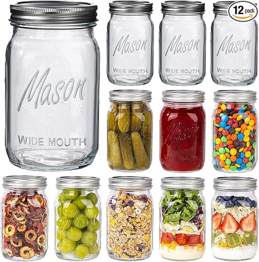 WELLIFE Wide Mouth Mason Jars, 12 Pack Mason Jars 32 oz for Pickling, Canning, Fermenting and Food Storage, Microwave & Dishwasher Safe