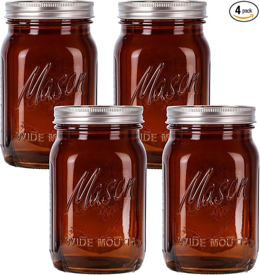WELLIFE Amber Mason Jars, 4 Pack wide mouth mason jars for Pickling, Canning, Fermenting and Food Storage, Microwave & Dishwasher Safe
