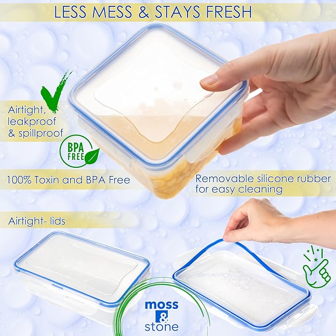Moss & Stone Air Tight 16 Piece Plastic Food Storage Containers with Lids, Safe Lunch Box Set For DIshwasher and Microwave, Leak Proof Storage Containers For Food- BPA Free