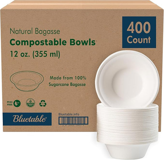 Paper Bowls Disposable Bowls Compostable [400 Pack] Bulk 12 oz Biodegradable Bowl - Case Pack Good For Hot Soup Chili - Made from 100% Sugarcane, Eco Friendly Bagasse Bowls Natural [400 Pack/Case]