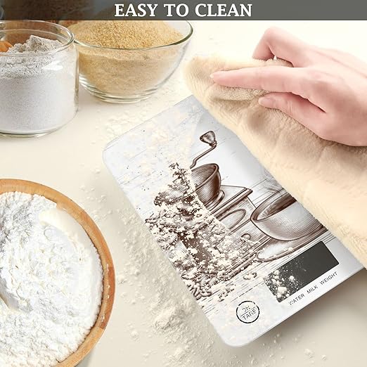 Food Scale Kitchen Digital Scale Food Ounces and Grams Dieting Baking Cooking Waterproof Glass Panels LCD Display,4 Units Scale Tare Function Coffee Time Brown