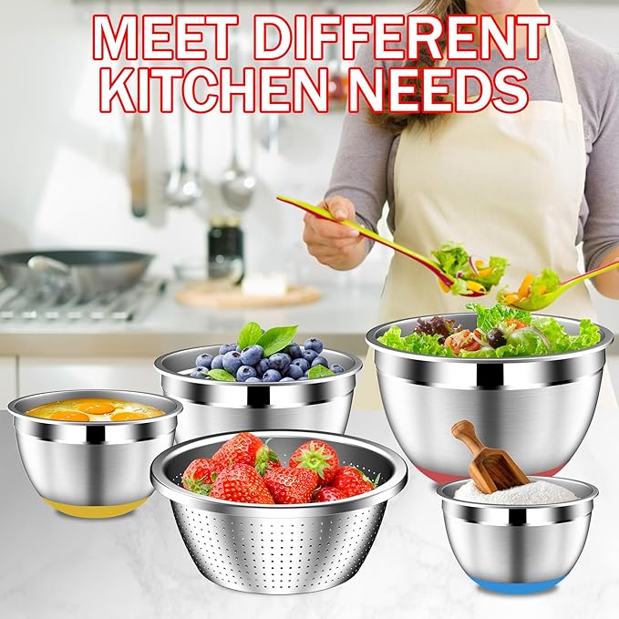 Mixing Bowls with Strainer, Mixing Bowl with Lids Set, Stainless Steel Mixing Bowls, Kitchen Gadgets 2025 Salad Bowls with Strainer for Mixing & Preping & Baking, Multicolor