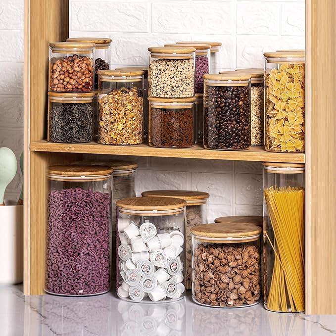 Laramaid Glass Jar Set (2x22oz/2x35oz/2x45oz) Set of 6 with 160 Minimalist Pantry Labels, Round Canister Jars with Bamboo Lids and Transparent Customized Sticker Labels, Food Storage Containers