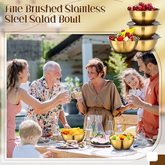 Nuogo 24 Pcs Gold Stainless Steel Mixing Bowls with Airtight Lids 6.7 Inch Gold Esthetician Bowls for Ramadan Serving Facial Salad Fruit Snack Soup Cereal Wedding Party