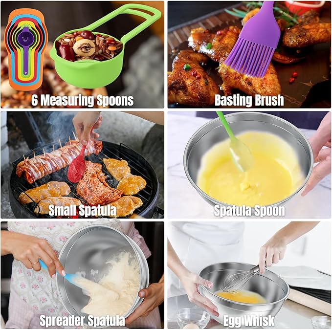 Mixing Bowls with Lids Set, 7 PCS Stainless Steel Mixing Bowls with 3 Grater Attachments, Size 4.5, 4, 3.5, 2.1, 1.5, 1.1, 0.7QT, Ideal for Kitchen Cooking Baking & Serving