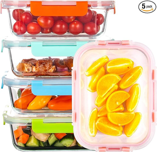 Glass Meal Prep Containers with Lids(5 Pack, 34oz), Glass Food Storage Containers for Lunch at Work, Leak-proof Food Containers, Microwave/Dishwasher Safe