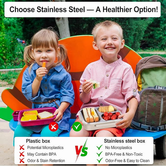 Stainless Steel Lunch Box for Kids & Adults - 25 oz - Leakproof 3 Compartment Metal Lunch Container - 18/8 Stainless Steel Bento Box - Ideal for School, Office & Outdoor - Dishwasher Safe (Cream)