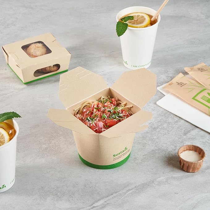 Restaurantware Sustain 26 Ounce Sturdy Paper Take Out Boxes, 200 Disposable Take Out Food Containers - With PLA lining, Compostable, Bamboo Paper Containers, Built-In Tab-Lock Cover, Greaseproof