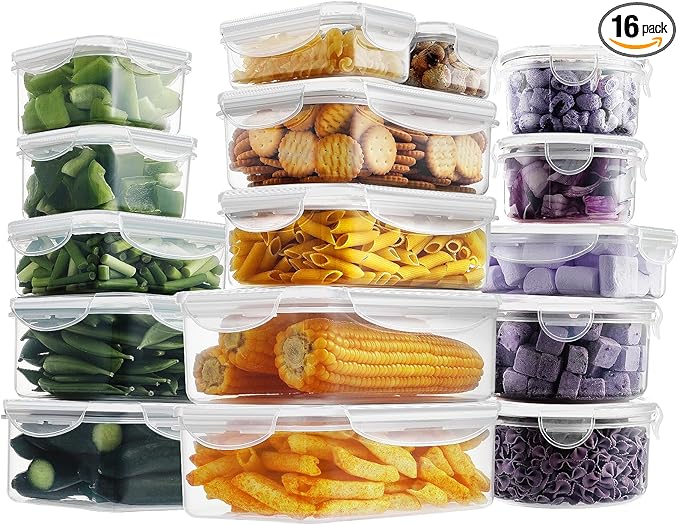 HOMBERKING 32 Pieces Food Storage Containers Set with Snap Lids (16 Lids + 16 Containers), Meal Prep Airtight Plastic Containers, BPA-Free Lunch Containers for Kitchen, Pantry, Home, White