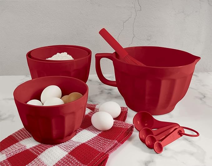 UPware Latte Style Melamine Batter Bowl with Pour Spout, Handle and Non-Slip Base, Grip Handle for Easy Mix and Pour, Home Essentials Cooking and Baking Tools, 4.3 quart, 11.5 x 8.75 Inch, Red