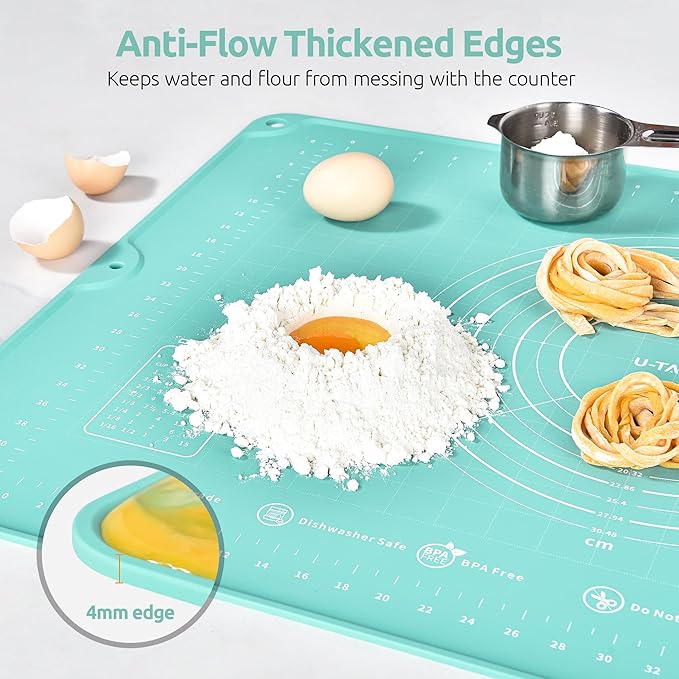 18/8 Stainless Steel Measuring Spoons Set for Dry and Liquid Ingredients (Set of 8), and 20inx28in Large Silicone Pastry Mat Food-Grade Non-Stick Dough Rolling Mat (Aqua Sky)