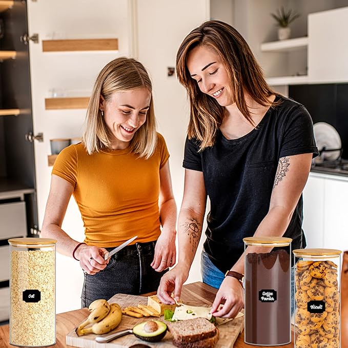 Glass Jars with Bamboo Lids, 58 oz 3 Pcs Kitchen Glass Containers with Bamboo Lids, Airtight Glass Pantry Storage Containers with Lids for Rice, Flour, Nuts, Cookie, Pasta, Oatmeal, Bean