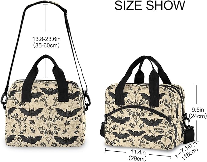 MNSRUU Insulated Lunch Bag Bats and Flowers Vintage Women Men Fabric Dinner Tote Cooler Bag Reusable Leakproof Lunch Box with Adjustable Shoulder Handles Strap For Work School