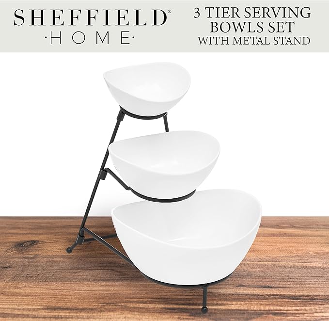 3 Tier Large Serving Bowls Set - Microwave & Dishwasher Safe Stoneware Fruit Bowl with Collapsible Black Metal Stand - Bowls for Kitchen, Dinner Parties, Desserts, Chip and Dip & Side Dishes (White)