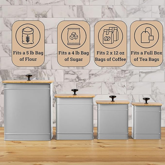 Kitchen Canisters for Countertop Set of 4 with Customizable Chalkboard Labels & Marker Pen - Big Iron Kitchen Canisters with Airtight Lids - Gray Canister Set - Flour and Sugar Containers Farmhouse