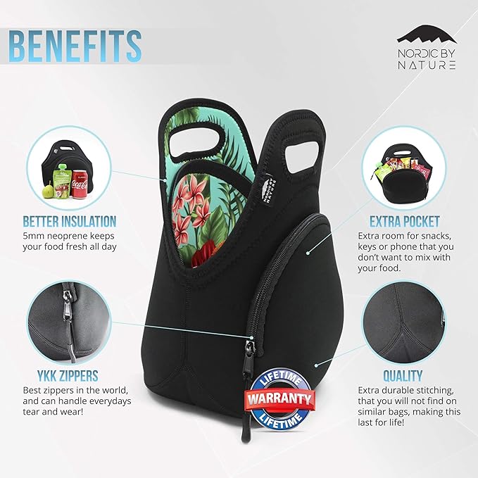 Nordic By Nature Neoprene Lunch Bags For Women, Men & Kids, Green Flower, 12"L x 12"H x 6.5"W