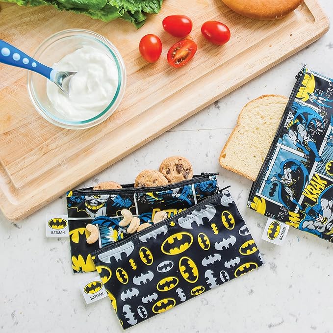 Bumkins Reusable Snack Bags, for Kids School Lunch and for Adults Portion, Washable Fabric, Waterproof Cloth Zip Bag, Supplies Travel Pouch, Food-Safe, 2-pk Batman DC Comics
