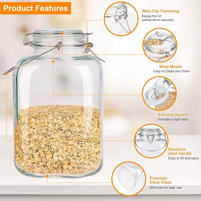 1 Gallon Glass Jar with Lid, 128oz Glass Jars with Airtight Lid Set of 2, Square Mason Jars, Large Storage Containers with Handle for Canning, Pasta, Flour, Sugar, Rice, Coffee Beans, Cereal