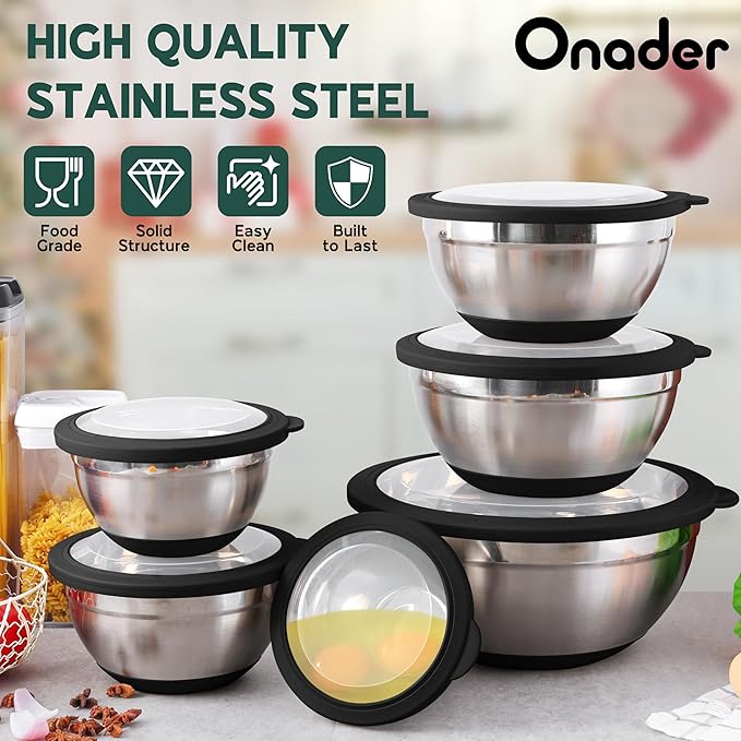Mixing Bowls with Lids Set of 6 for Kitchen Stainless Steel Metal Nesting Bowls with Non-Slip Bottom Black - Size 1, 1.5, 2, 2.6, 3.5, 7QT