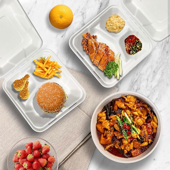 8X8 30 Pack Clamshell Take Out Food Containers, 3 Compartment To Go Containers with Lids,Disposable Compostable To Go Boxes Heavy-Duty Biodegradable (8 * 8 in, 3-Compartment)