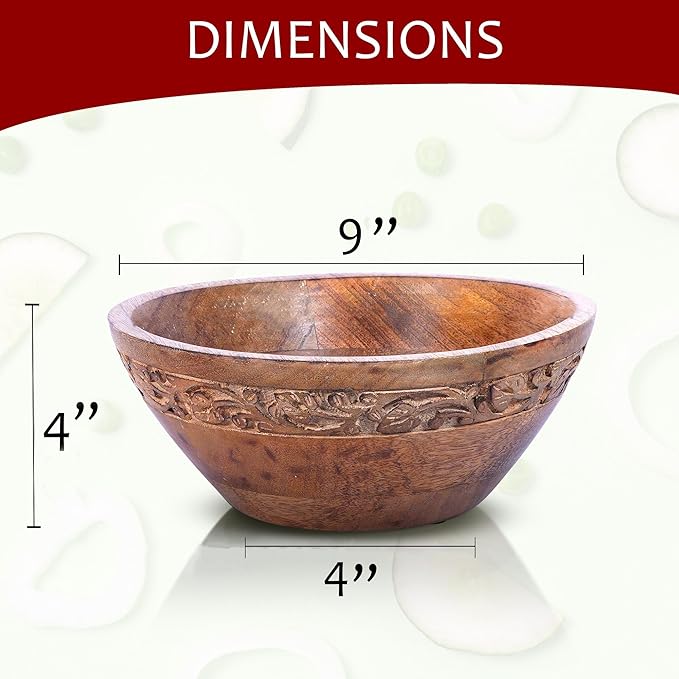 Jasmine Medium Bowls (Medium Burnt, 9 x 4 x 8) – Mango Wood Decorative Bowl for Veggies, Fruits, & More – Handmade Wooden Serving Bowl w/ 3 Felt Pads - Modern Rustic Home Decorations