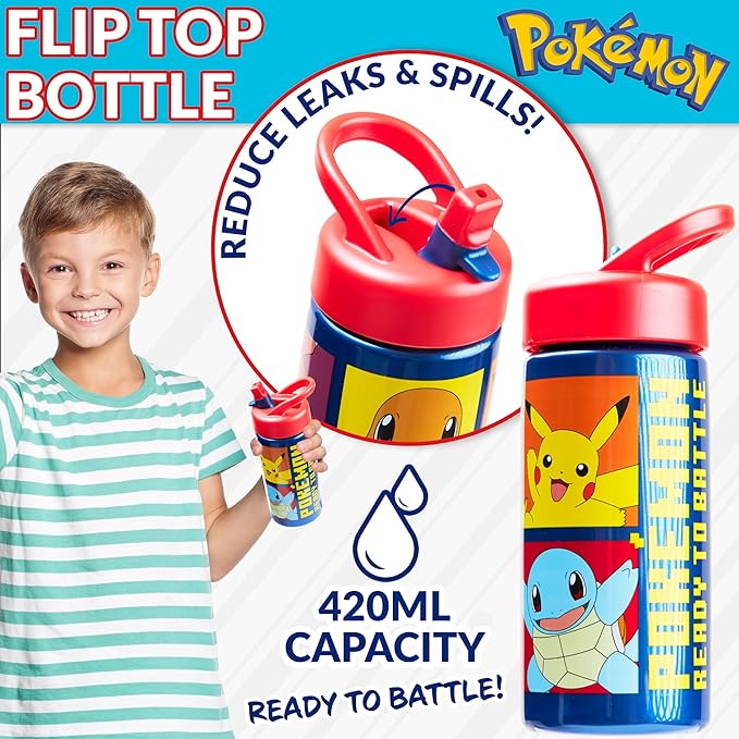Pokemon Kids Insulated Lunch Bag, Lunch Box and Water Bottle, 3 Piece Set (Red/Blue)