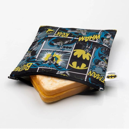 Bumkins Reusable Sandwich and Snack Bags, for Kids School Lunch and for Adults Portion, Washable Fabric, Waterproof Cloth Zip Bag, Travel Pouch, Food-Safe Storage, Large, DC Comics Batman