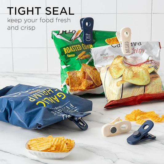 Rae Dunn Bag Clips with Magnet - Food Clips, Chip Clips, Bag Clips for Food Storage with Air Tight Seal Grip for Bread Bags, Snack Bags and Food Bags, Pack of 20, Blue