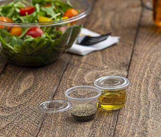 Clear Disposable Plastic Portion Cups With Lids (200 Sets - 1 Oz) - Disposable Condiment Cups, Sauce/Dip/Dressing Cups, Souffle Cups & Jello Shot Cups With Lids | Great Sampling Container