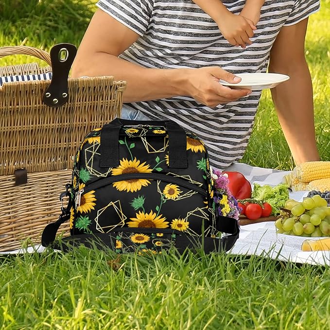 Pardick Sunflower Insulated Lunch Bag Flower Geometry Lunch Box for Women Girl with Shoulder Strap Tote Bag Reusable Large Containers Meal Prep for School Work Travel Picnic Thermal Cooler Bag