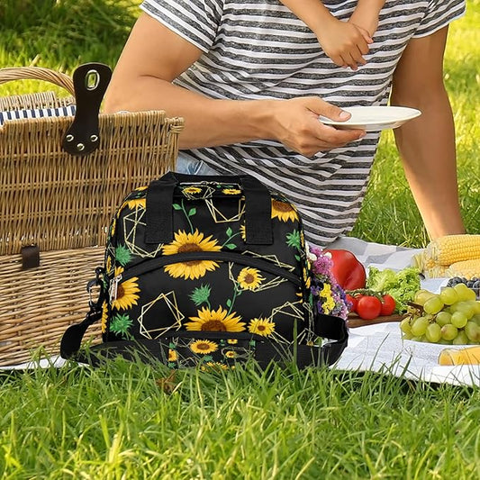Pardick Sunflower Insulated Lunch Bag Flower Geometry Lunch Box for Women Girl with Shoulder Strap Tote Bag Reusable Large Containers Meal Prep for School Work Travel Picnic Thermal Cooler Bag