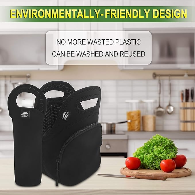 Nordic By Nature Insulated Neoprene Lunchbox Tote Lunch Bag Made For Women, Men and Kids | Includes 12" Big Bottle Cooler | Lightweight | Rugged Lunchbox | Washable | Black Metal Pattern