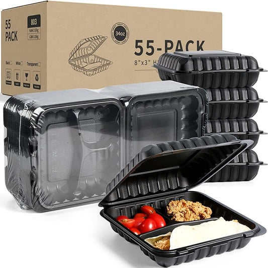YANGRUI Clamshell Food Containers, Shrink Wrap Reusable 34 OZ 8 Inch 3 Compartment 55 Pack MFPP To Go Container BPA Free Microwave Freezer Safe Plastic Hinged Clamshell Take Out Boxes