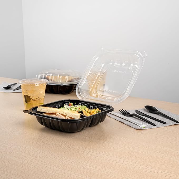 Restaurantware Thermo Tek 34 Ounce Clamshell Containers, 100 Disposable Take Out Boxes - 3 Compartments, Ventilated Lids, Black Plastic Meal Prep Containers, Microwavable, For Pasta Or Salads