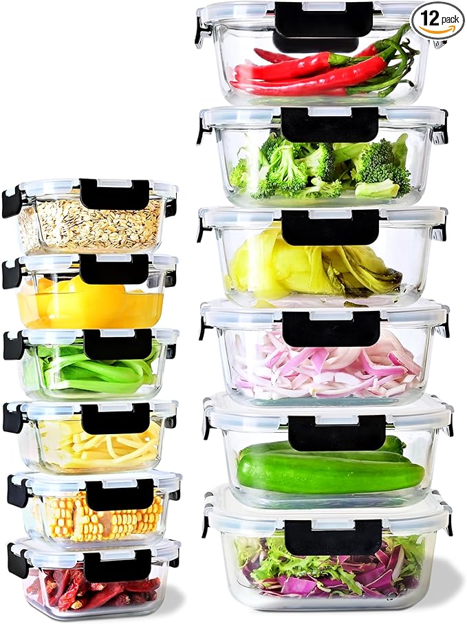 24 Piece (12 Food Storage Containers and 12 Lids),17.6+40.6 OZ Black Glass Storage Containers With Lids,Square Glass Meal Prep Containers,Microwaveable,Meal Preparation,Storage Containers