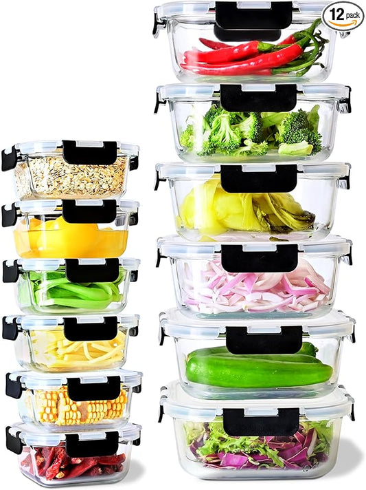 24 Piece (12 Food Storage Containers and 12 Lids),17.6+40.6 OZ Black Glass Storage Containers With Lids,Square Glass Meal Prep Containers,Microwaveable,Meal Preparation,Storage Containers