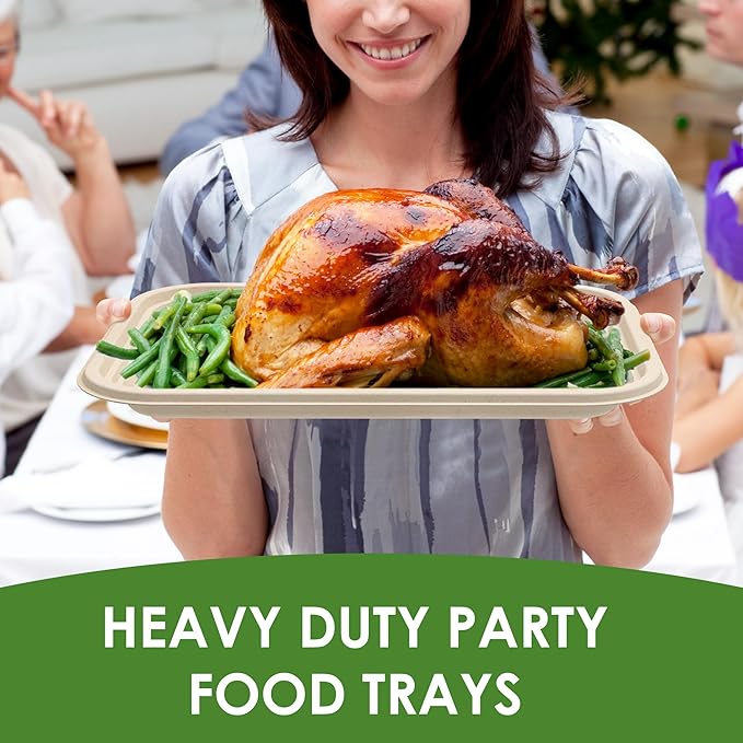 50 Pack 14 Inch Disposable Food Trays Biodegradable Heavy Duty Large Paper Plates Compostable Sugarcane Platters for Crawfish, Lobster, BBQ Seafood,Party and Holiday Feast