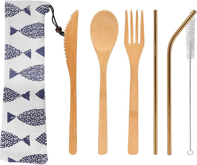 Uptrust Bamboo 2 Set Travel Utensils - Reusable Cutlery with Case, 7.8 Inch Knife, Fork, Spoon, 3 Colors Metal Straw - Golden Straw