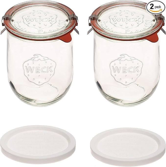 Weck Tulip Jars 1 Liter - Large Sourdough Starter Jars with Wide Mouth, Glass Lids and Keep Fresh Covers - Suitable for Canning and Storage (2 Pack)